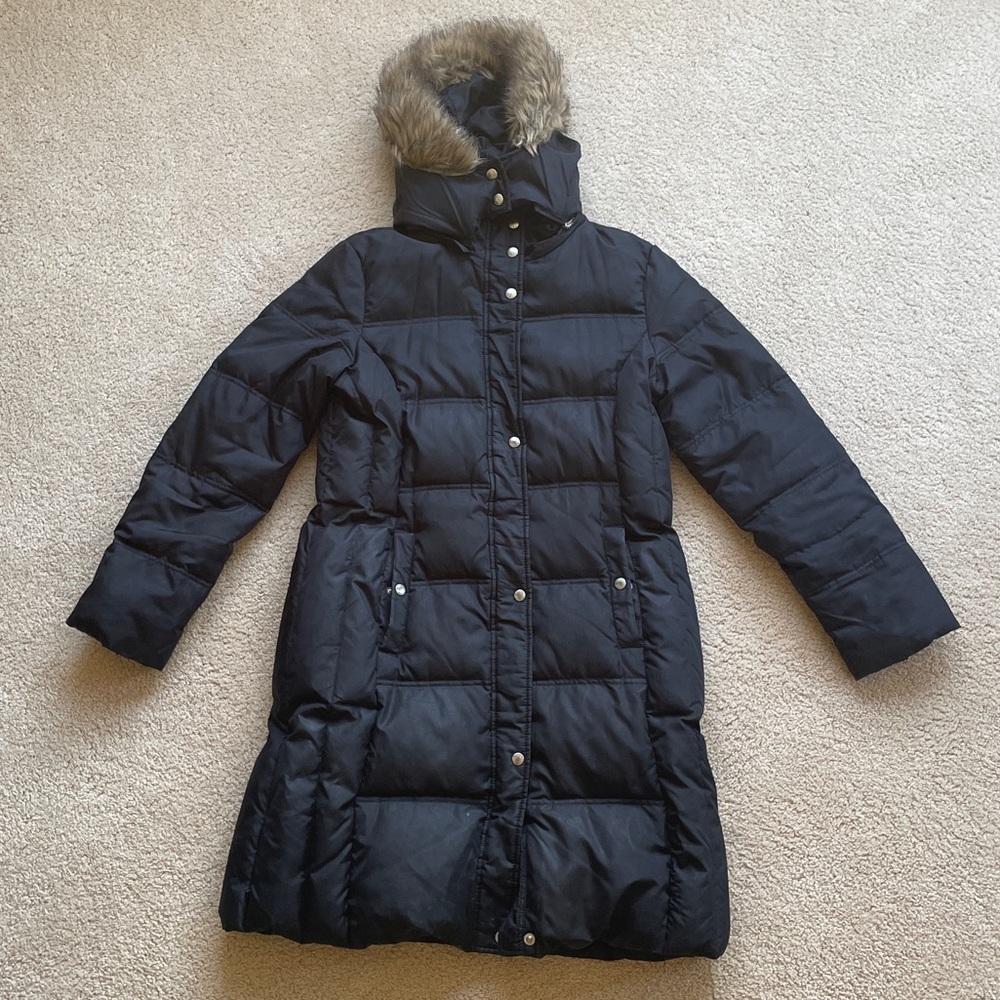 Michael Kors Black Long Quilted Puffer Coat with Faux Fur Trim Hood